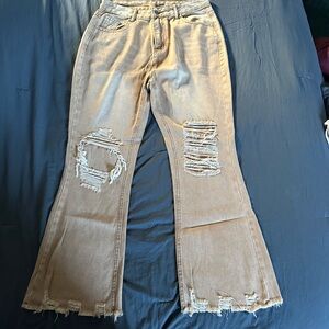 Distressed Tan Flare Jeans